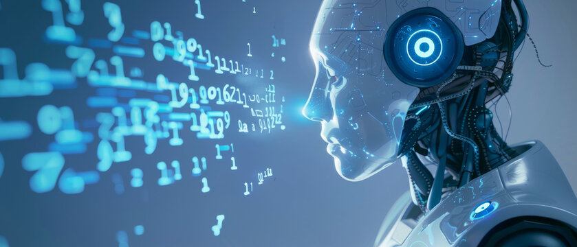 Futuristic robot profile with a glowing blue eye surrounded by floating binary code and digital elements.