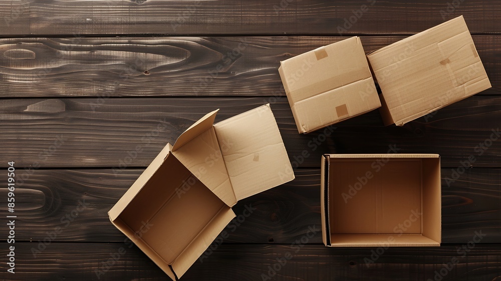 Poster Open and closed carton boxes isolated on dark timber backgroundTop view : Generative AI