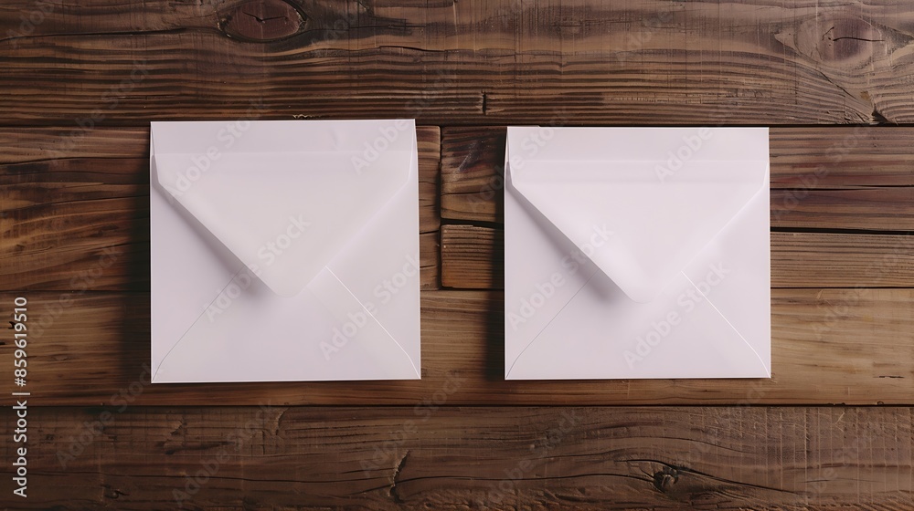 Poster Blank paper envelopes on wooden table background Front and back side Template for your design Top view : Generative AI