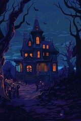 Halloween Night with Haunted House Layout Background
