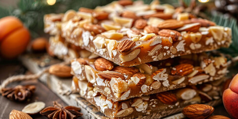 A stack of traditional Spanish dessert Turron with almonds on a plate on black background