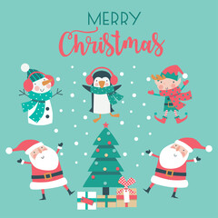 Christmas card with snowman, elf, Santa and tree on blue background. 