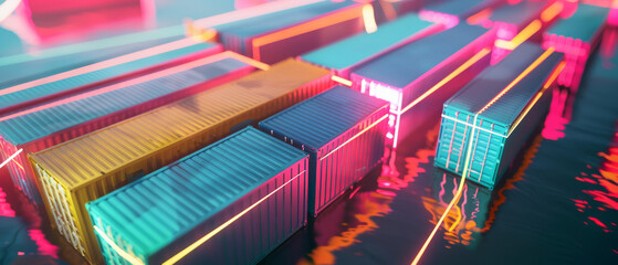 Obraz premium Rows of vivid, brightly colored shipping containers are lit up by neon lights, creating a futuristic and dynamic scene of global trade.
