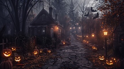 Fototapeta premium Haunted Halloween Pathway Layout Background