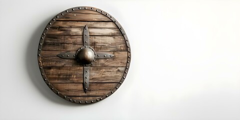 Fototapeta premium Medieval Viking Shield Retro Design on White Background Protective Wooden Sign. Concept Medieval, Viking, Shield, Retro, Design