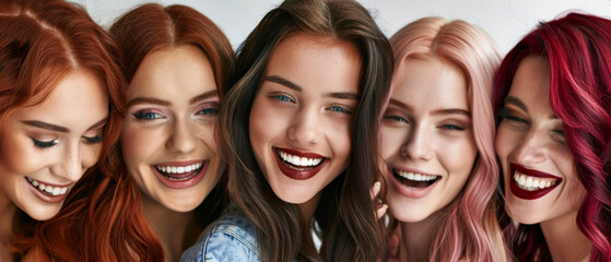 Obraz premium Five beaming women with various hair colors and styles share a candid moment of laughter, exemplifying individuality and camaraderie.