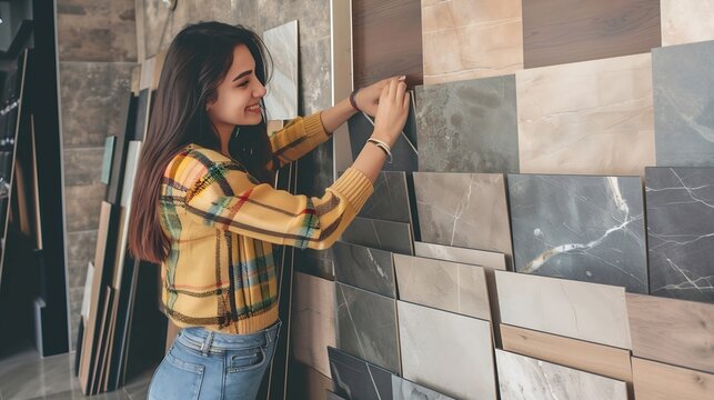 Happy brunette female interior designer choosing flooring tile color texture samples at store shop Woman architect choice floor and wall finishing material for architecture and constru : Generative AI