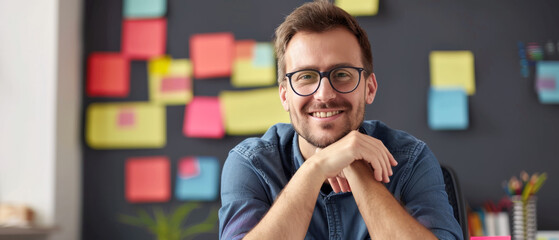 Fototapeta premium A smiling person with glasses sitting in an office, surrounded by colorful sticky notes on a wall, exuding creativity and intellect.