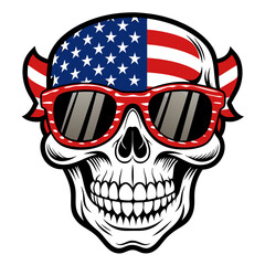 Black and White Illustration of a Smiling Skull Wearing Patriotic American Flag Sunglasses