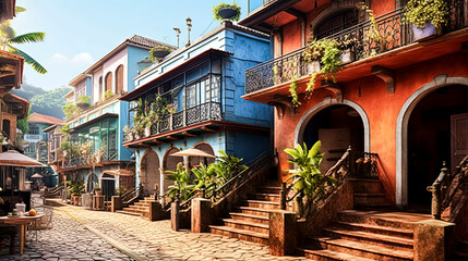Fototapeta premium A colorful street scene with a mix of buildings and awnings
