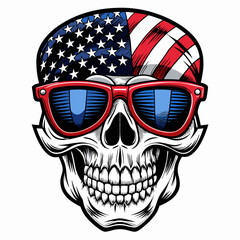 Black and White Illustration of a Smiling Skull Wearing Patriotic American Flag Sunglasses