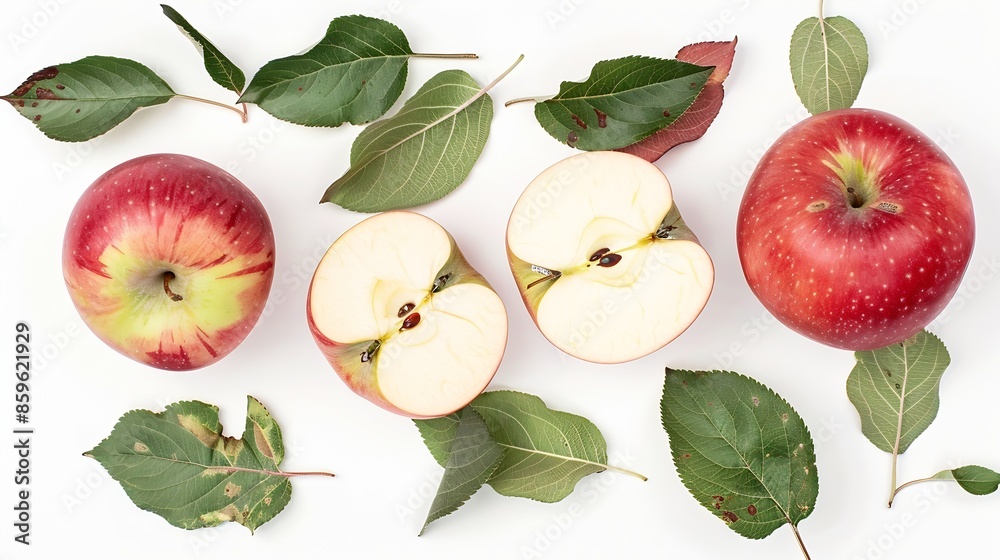 Poster red apple with leaves and halves isolated on white background cut out : generative ai