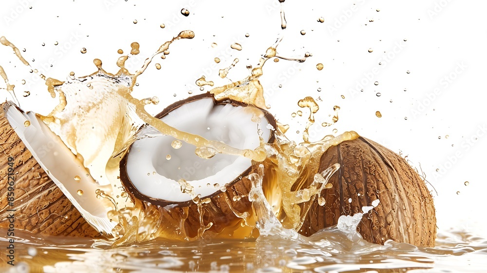 Poster Coconut juice splashing isolated on white background : Generative AI