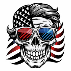 Black and White Illustration of a Smiling Skull Wearing Patriotic American Flag Sunglasses