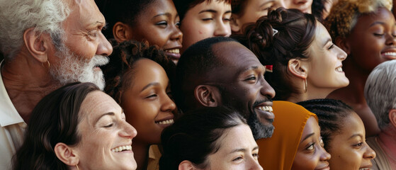 A richly diverse group of people smiling contently, eyes closed, embracing a moment of collective warmth and unity.