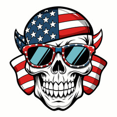 Black and White Illustration of a Smiling Skull Wearing Patriotic American Flag Sunglasses