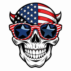 Black and White Illustration of a Smiling Skull Wearing Patriotic American Flag Sunglasses