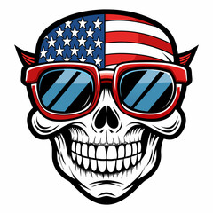 Black and White Illustration of a Smiling Skull Wearing Patriotic American Flag Sunglasses