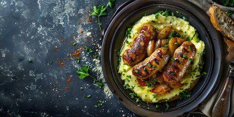 Capturing the Essence of the Iconic UK Dish Bangers and Mash through Gourmet Food Photography. Concept Food Photography, Gourmet Cuisine, Iconic Dishes, Bangers and Mash, UK Cuisine