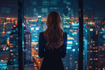 High-Achieving Female CEO in Stylish Suit Overlooking Night City