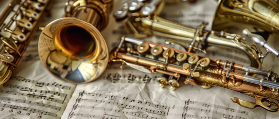 A vibrant composition of brass instruments arranged on a bed of sheet music, capturing the essence...