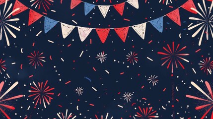 Obraz premium Memorial Day background pattern with patriotic bunting and fireworks.