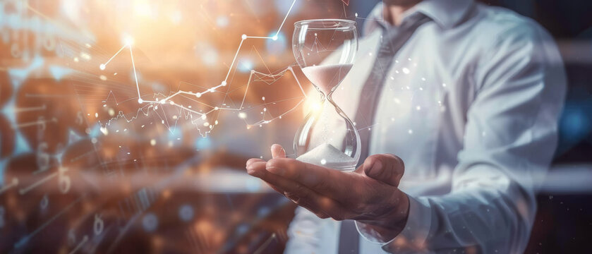 An individual in business attire holding an hourglass, with a glowing network of data and light particles surrounding them to signify time and technology.