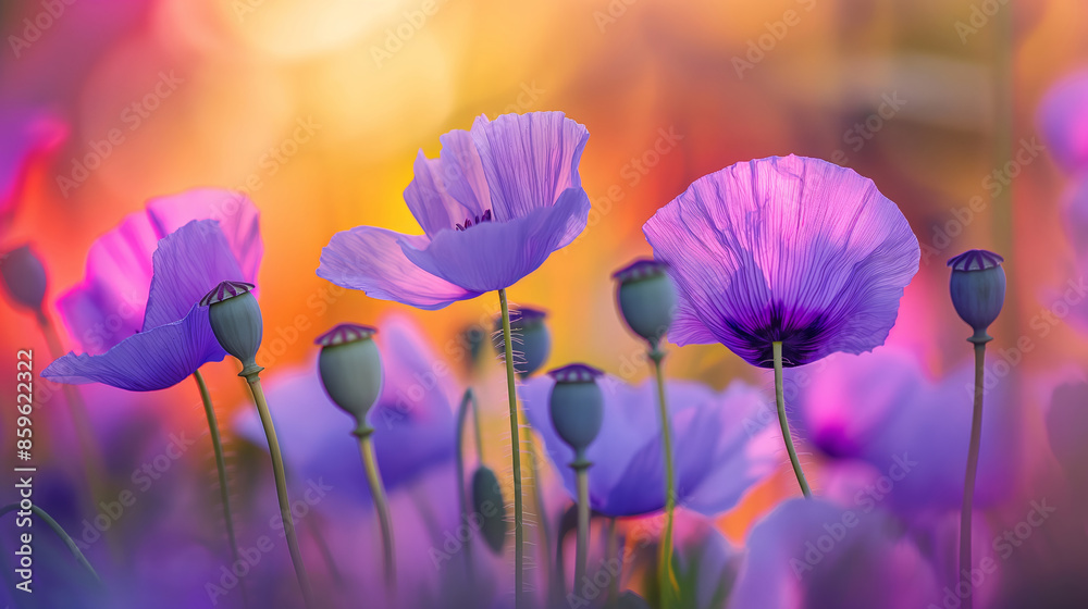 Wall mural A field of purple flowers with a bright orange background. The flowers are in full bloom and the sun is shining brightly on them. The scene is peaceful and serene