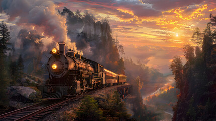 Naklejka premium Golden Age of Travel Revived: Vintage Train Journey through Mountainous Terrain at Sunset
