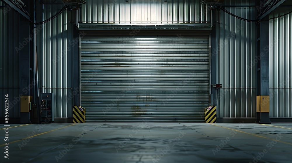 Poster closed metal grate rolling door of the warehouse storage or service garage view from in front of the
