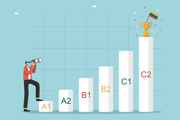 Studying Lithuanian language, online courses at language school, Lithuanian proficiency levels, man stands at lower level of A1 and looks through binoculars at future brilliant knowledge of language.