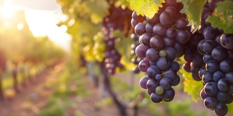 Fototapeta premium A Sunny Day in a Vibrant Vineyard with Ripe Grape Bunches. Concept Vineyard Photoshoot, Sunny Day, Ripe Grapes, Vibrant Colors, Nature Portrait