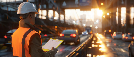 A construction worker in a reflective vest and hard hat inspects a busy urban site at sunset, emphasizing oversight and safety.