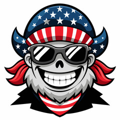 Black and White Illustration of a Smiling Pirate Wearing Patriotic American Flag Sunglasses