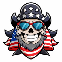 Black and White Illustration of a Smiling Pirate Wearing Patriotic American Flag Sunglasses