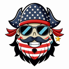 Fototapeta premium Black and White Illustration of a Smiling Pirate Wearing Patriotic American Flag Sunglasses