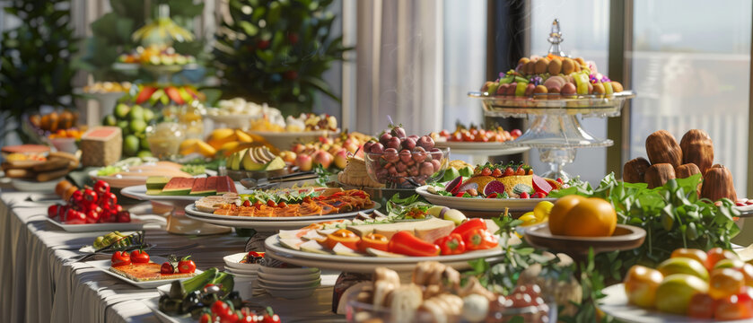 A lavish buffet table, adorned with an array of fresh fruits, vegetables, desserts, and gourmet dishes, ready to delight the guests.