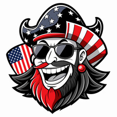 Black and White Illustration of a Smiling Pirate Wearing Patriotic American Flag Sunglasses