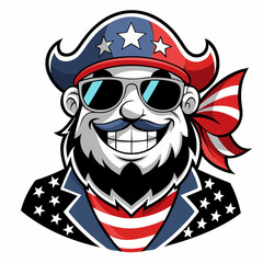 Black and White Illustration of a Smiling Pirate Wearing Patriotic American Flag Sunglasses