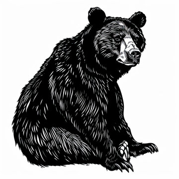 A black and white drawing of a bear sitting down