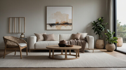 stylish living room scene with a minimalist design. The room features a cozy white sofa adorned with soft, neutral-colored cushions. In front of the sofa is a round wooden coffee table with a simple v