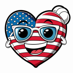 Black and White Illustration of a Smiling Heart Wearing Patriotic American Flag Sunglasses