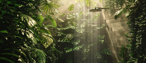 Obraz premium A modern, eco-friendly shower surrounded by thick, lush greenery, with sunlight filtering through leaves, creating a tranquil jungle atmosphere.