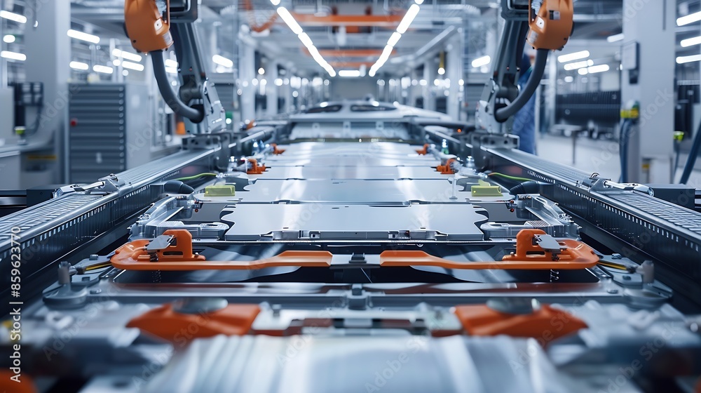Poster modern ev factory on automated production line robot arms transporting automotive battery modules on