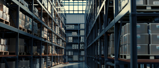 Endless rows of shelves stacked with boxes in a large, organized warehouse, illuminated by natural light streaming in through high windows.