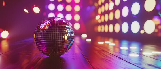 Shining disco ball reflecting colorful lights in a vibrant, retro-themed dance club full of energy and sparkle.