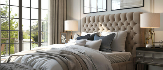 A cozy, sunlit bedroom with a plush, tufted headboard bed, soft pillows, and an elegant ambiance, inviting relaxation and tranquility.