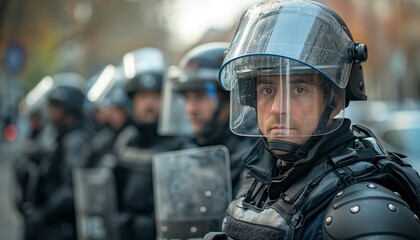 Obraz premium A group of police officers wearing riot gear stand alert and vigilant on duty, embodying readiness and determination to maintain peace and public safety in challenging scenarios.