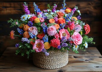 A colorful bouquet of mixed flowers in a wicker basket