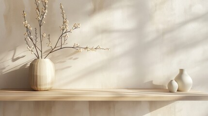 Modern wooden shelf in soft colors for display and decoration with empty table top and copy space